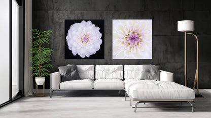 Ein Beispiel Wohnzimmer, in dem die Bilder "a touch of purple" und "purple Snowflake" über dem Sofa hängen